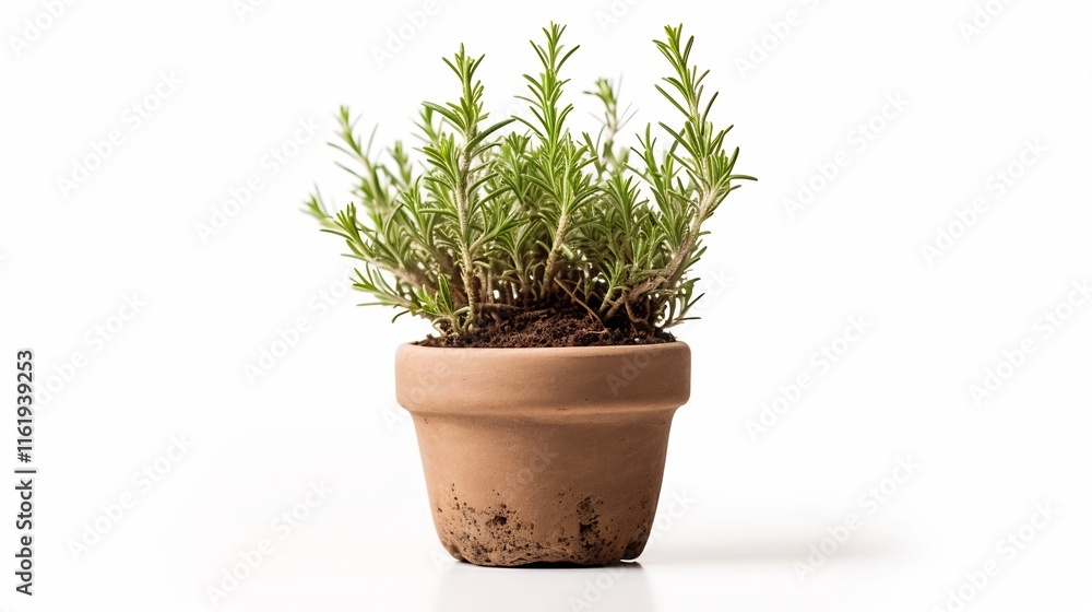Close up of a small lush miniature rosemary herb plant growing in a rustic terracotta clay pot on a clean pure white background Simple natural and botanical scene for gardening culinary Close up of a small lush miniature rosemary herb plant growing in a rustic terracotta clay pot on a clean pure white background Simple natural and botanical scene for gardening culinary