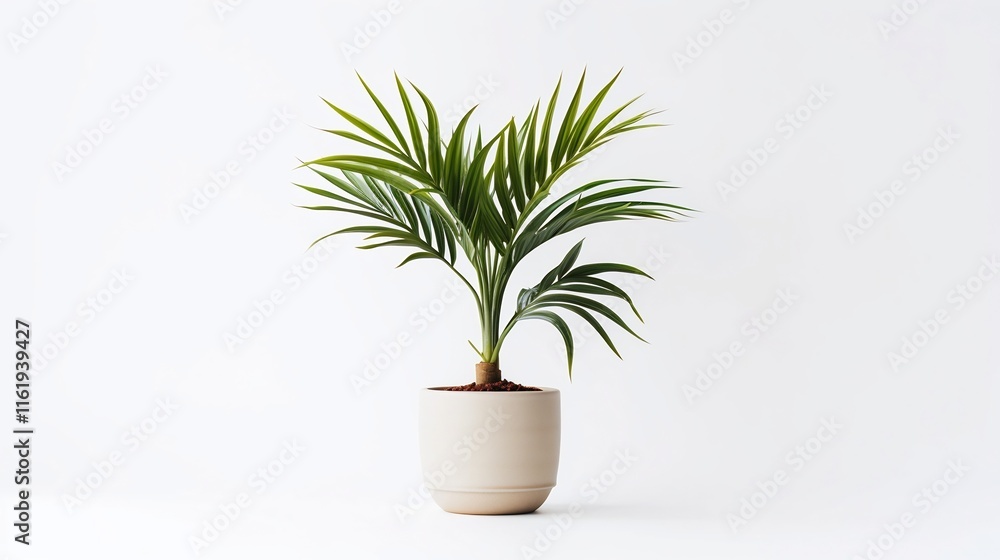 Closeup of a small lush miniature palm tree in a simple modern ceramic pot displayed on a clean white background The tropical plant adds a natural organic element to this minimalist Closeup of a small lush miniature palm tree in a simple modern ceramic pot displayed on a clean white background The tropical plant adds a natural organic element to this minimalist