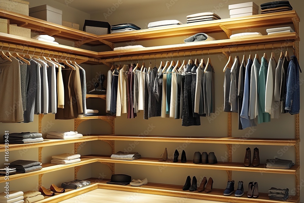 spacious walk-in closet with wooden shelves neatly arranged with clothes and shoes creating minimalist look spacious walk-in closet with wooden shelves neatly arranged with clothes and shoes creating minimalist look