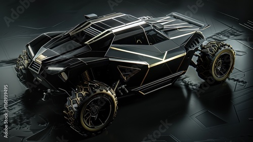 Car with a black background, designed for high-performance transport. Powerful car with gold details, an extreme 4x4 vehicle.