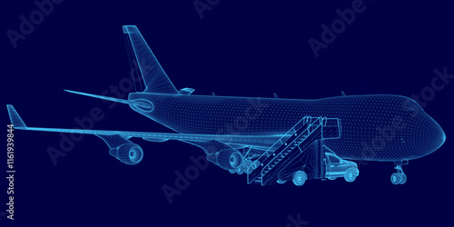 Blue airplane with a blue background. The airplane is in the middle of the image. The image has a futuristic feel to it