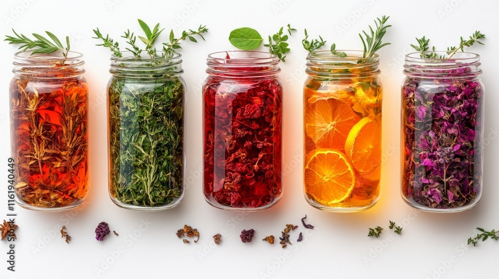 Five jars of different colored liquids with herbs and spices in them Five jars of different colored liquids with herbs and spices in them