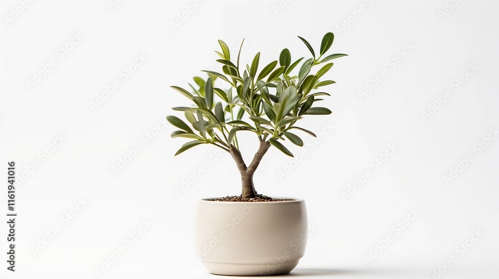 A small green and healthy miniature olive tree potted in a plain white container set against a clean bright white background A small green and healthy miniature olive tree potted in a plain white container set against a clean bright white background