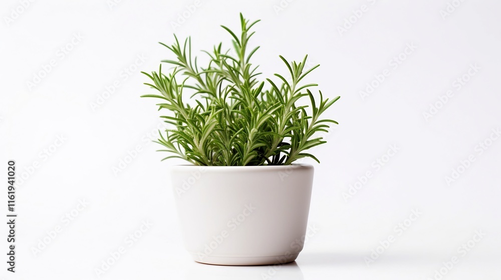 Closeup of a lush green miniature rosemary plant growing in a small potted container on a plain white background Organic fresh herb with aromatic fragrant leaves perfect for cooking and decor Closeup of a lush green miniature rosemary plant growing in a small potted container on a plain white background Organic fresh herb with aromatic fragrant leaves perfect for cooking and decor