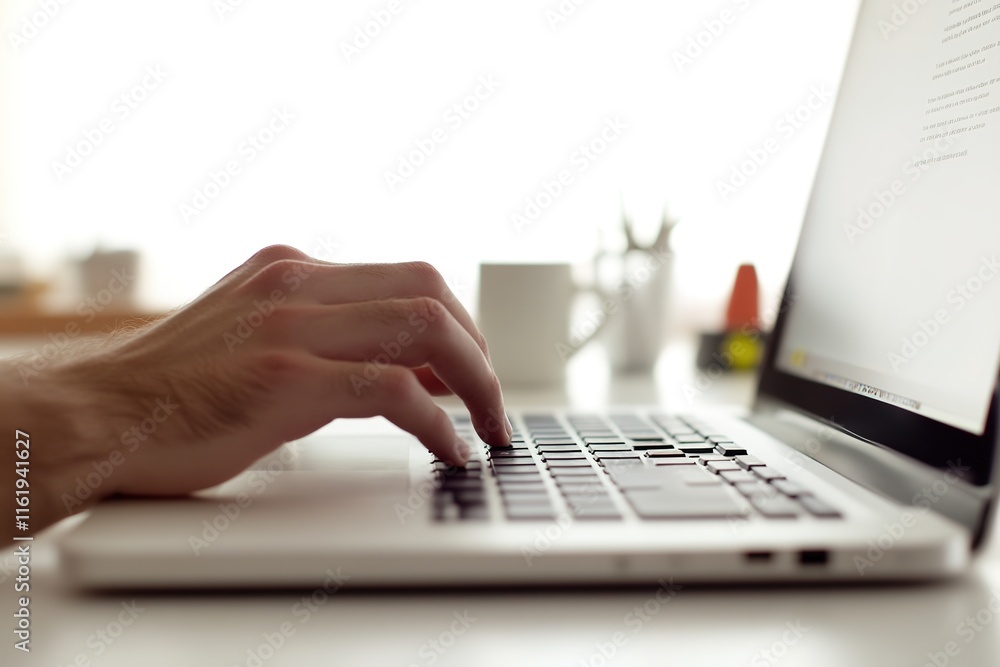 close-up of hand typing on laptop keyboard minimalistic desk with few objects and cup close-up of hand typing on laptop keyboard minimalistic desk with few objects and cup