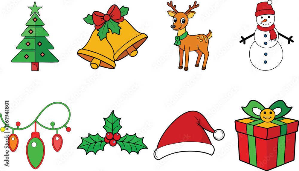 Fototapeta premium Merry Christmas Vector Colored Elements for Graphic Design, Festive Holiday Artwork.