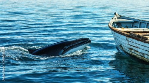 A fin whale swimming alongside a boat, with its dorsal fin visible.