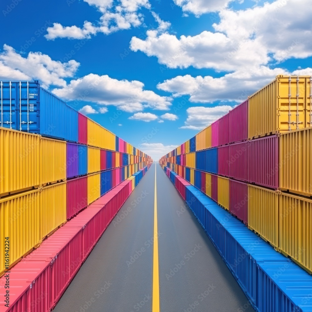 Colorful Shipping Container Yard Along a Long Road at the Port Colorful Shipping Container Yard Along a Long Road at the Port