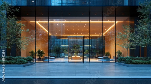 Modern building entrance at night with glass walls and interior plants. photo