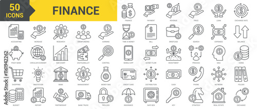Finance icon collection set. Containing payment, revenue, price, loan, exchange rate, accounting, piggy bank, shopping, budget, increase, research, crowdfunding, investment icon. Simple line vector