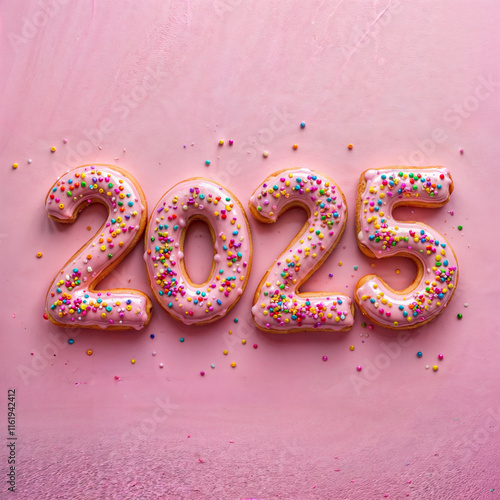 The image shows a pink background with the number 2025 made from doughnuts with pink icing and colorful sprinkles. The doughnuts are arranged in a line, with the numbers 2 and 5 on the left and the nu photo