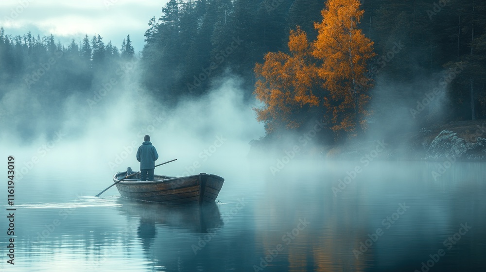 Fototapeta premium A lone figure in a boat on a misty lake, surrounded by autumn foliage and tranquil waters.