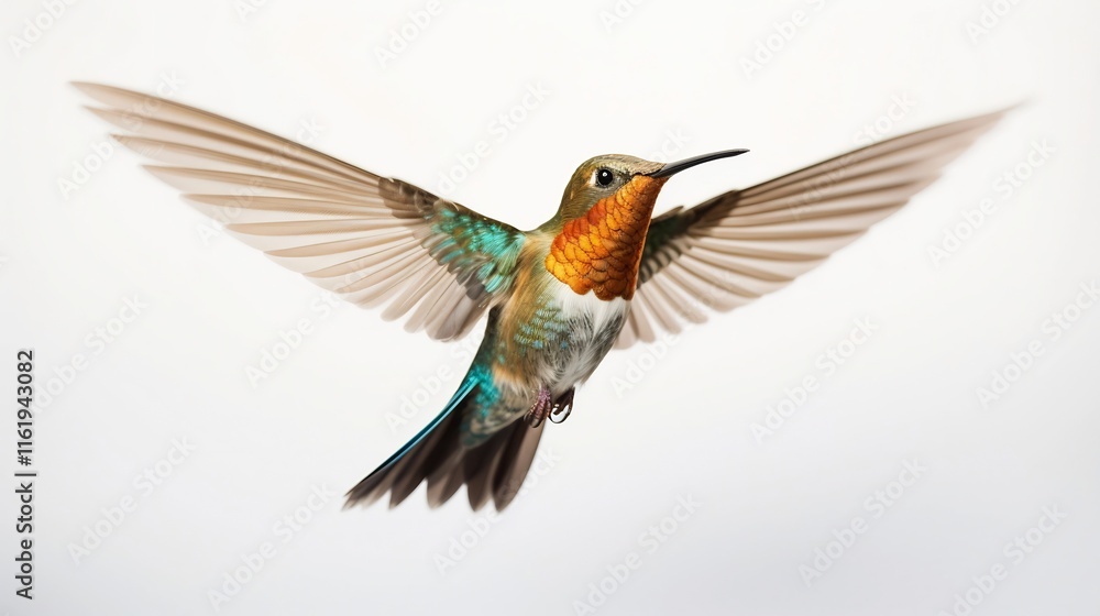 Obraz premium Stunning close up of a tiny hummingbird in mid flight its wings blurred against a clean white background capturing the graceful and dynamic essence of this exquisite avian creature