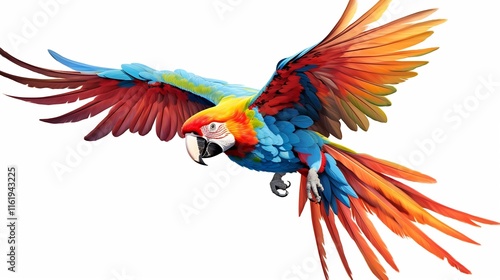 Captivating image of a colorful macaw parrot in dynamic mid flight pose against a clean white backdrop showcasing the bird s striking plumage graceful wings and spirited energy photo