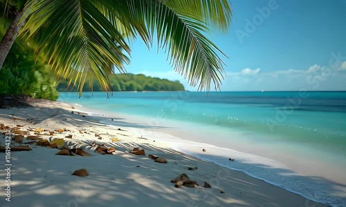 Beautiful tropical beach with palm trees, vibrant flowers, white sand, and turquoise ocean under a clear blue sky. Perfect for summer, travel, nature, and tropical paradise themes.