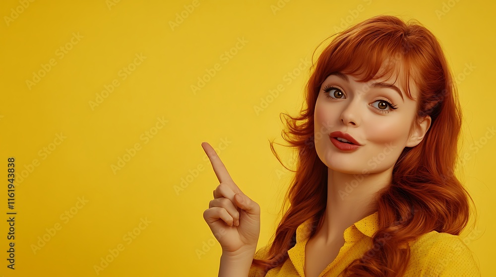 Redhead woman pointing finger, yellow background. Redhead woman pointing finger, yellow background.