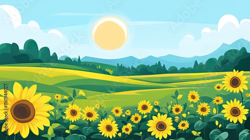 Sunflowers Bloom in a Rolling Green Hill Landscape