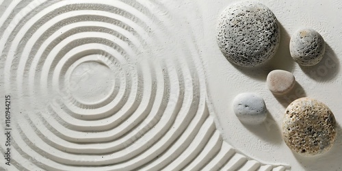 Garden stone with round pattern on white sand background