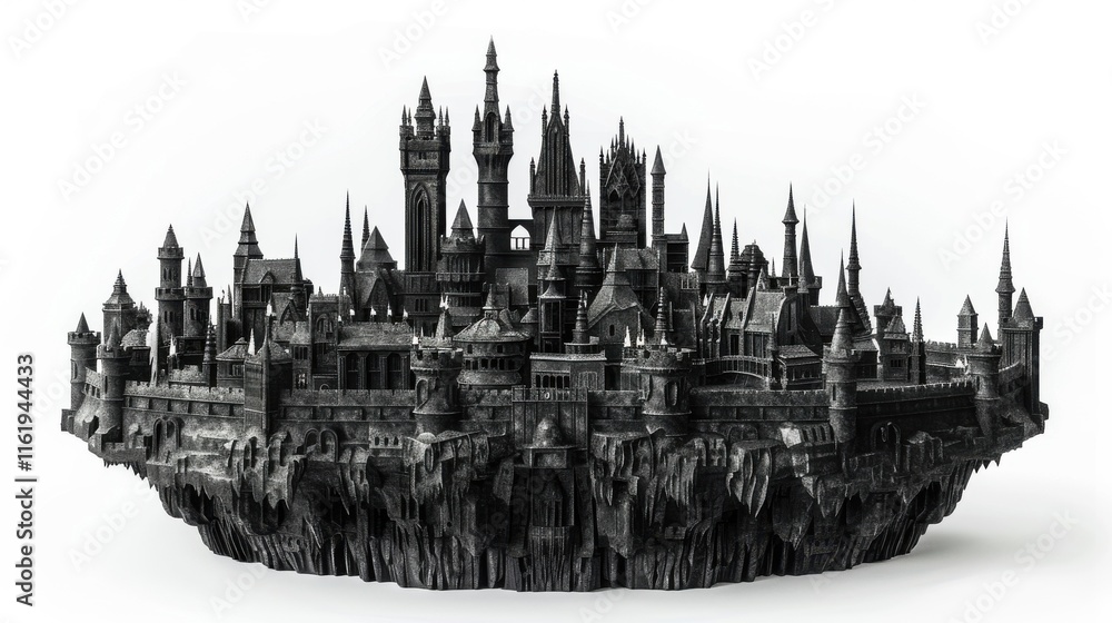 Fototapeta premium Black 3D-printed fantasy castle city model.