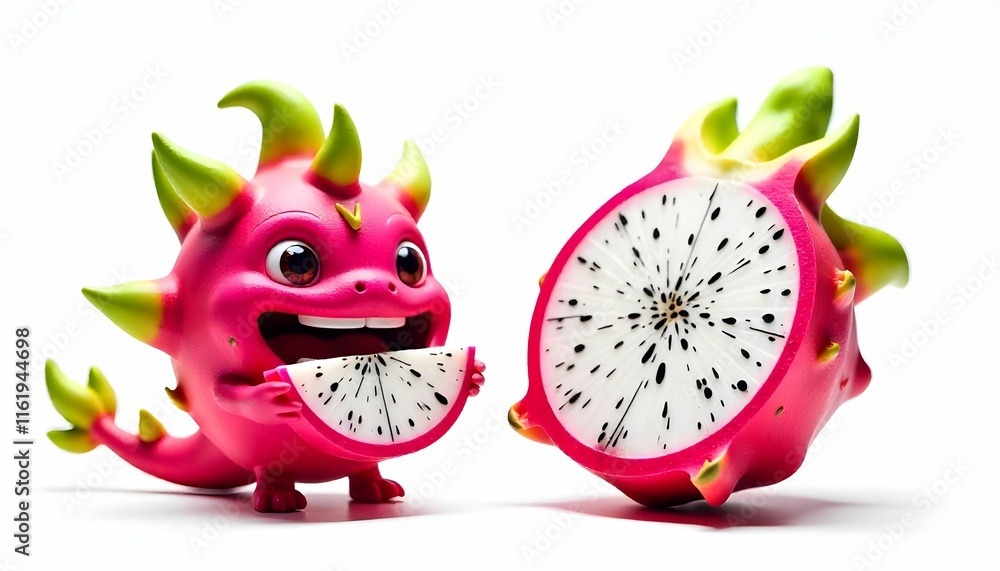 The image shows a small pink dragon figurine with green spikes on its head. The dragon has a big smile on its face and is holding a slice of kiwi fruit in its mouth. The image shows a small pink dragon figurine with green spikes on its head. The dragon has a big smile on its face and is holding a slice of kiwi fruit in its mouth.