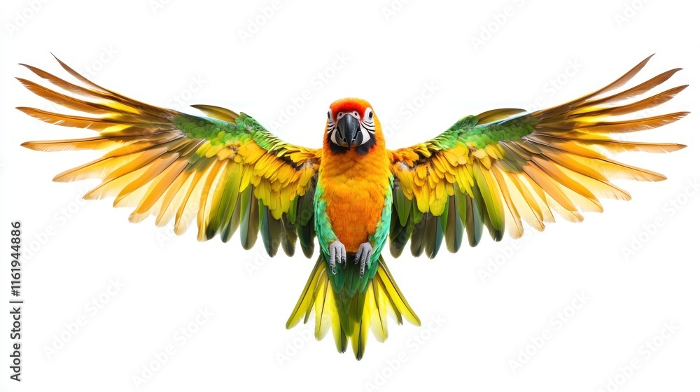 Fototapeta premium Colorful sun conure parrot, wings slightly spread, isolated against a white background.