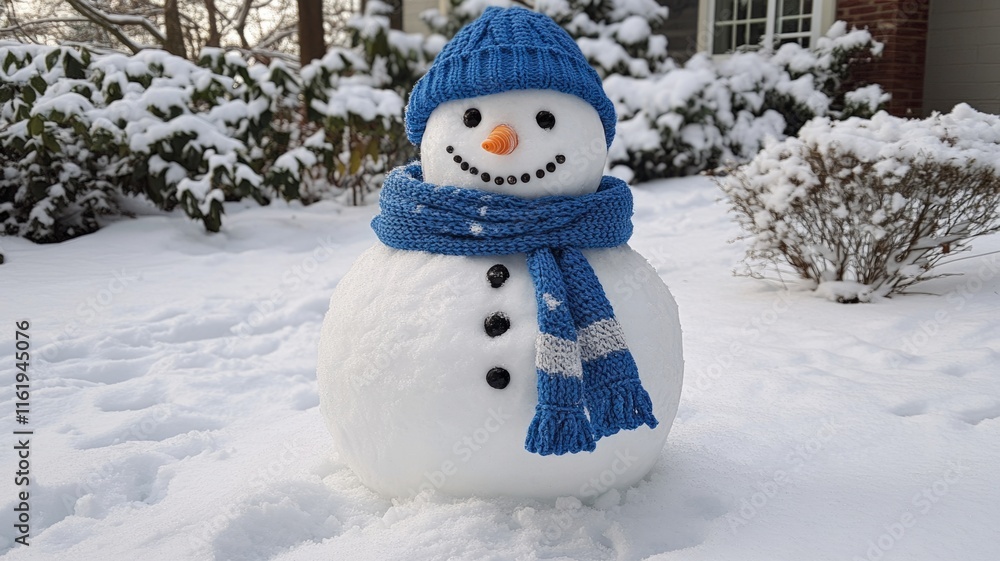 Fototapeta premium Adorable Snowman Wearing Blue Knit Hat And Scarf