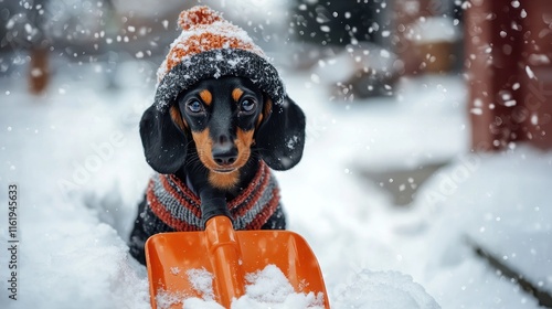 Cute black and tan dachshund wearing a sweater and hat, holding an orange snow shovel, standing in a snowdrift on a chilly winter day. photo