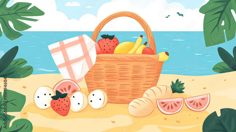 Fototapeta premium Beach Picnic Basket With Tropical Fruits And Bread