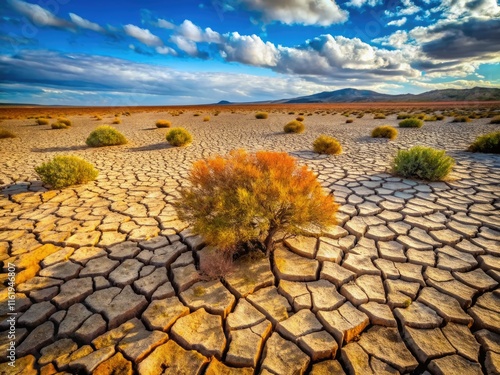 Aerial photography reveals drought's stark reality: cracked earth, barren landscapes, a lone bird's-eye perspective. photo