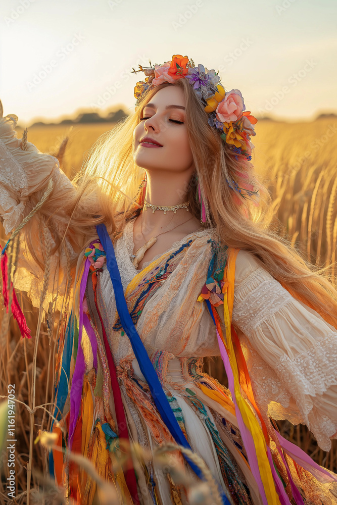 Joyful woman celebrating in a wheat field at sunset, freedom and nature Joyful woman celebrating in a wheat field at sunset, freedom and nature