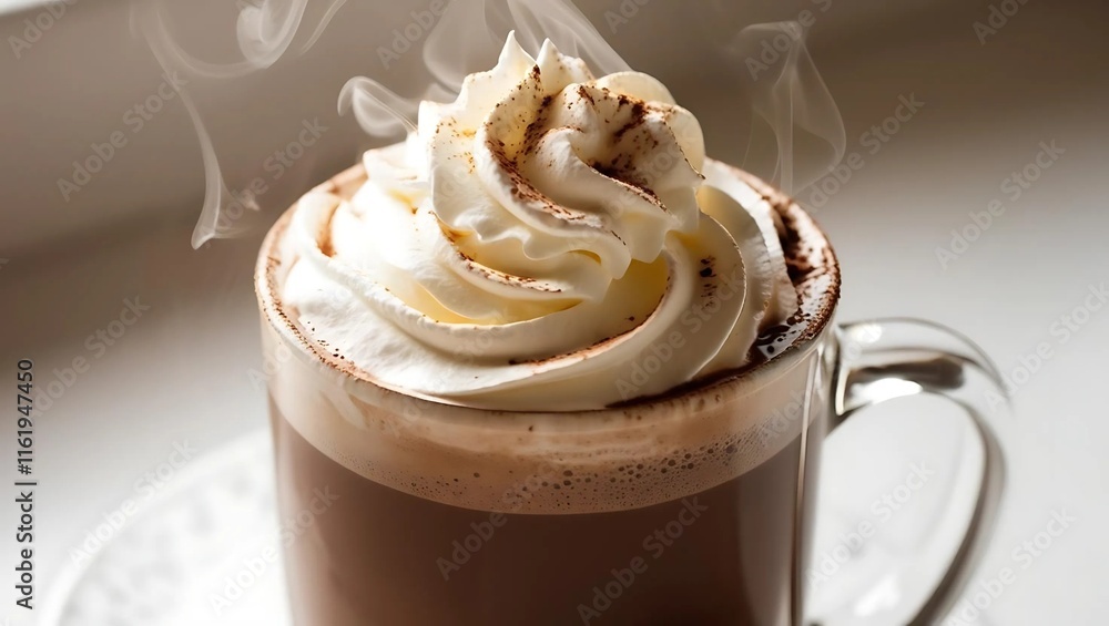 A steaming mug of hot chocolate topped with whipped cream and cocoa powder. A steaming mug of hot chocolate topped with whipped cream and cocoa powder.