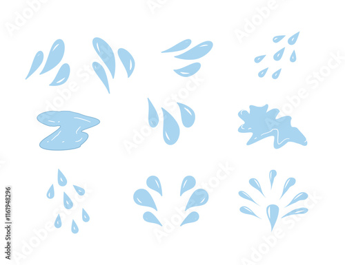 Hand drawn waterdrop illustration. Set of versatile water splash vector illustrations. Collection of light blue water droplet and splash vector graphics.
