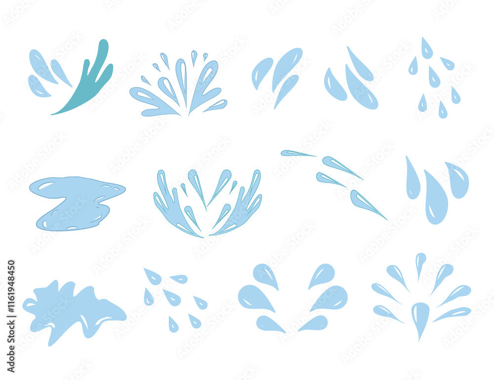 Hand drawn waterdrop illustration. Set of versatile water splash vector illustrations. Collection of light blue water droplet and splash vector graphics. Hand drawn waterdrop illustration. Set of versatile water splash vector illustrations. Collection of light blue water droplet and splash vector graphics.