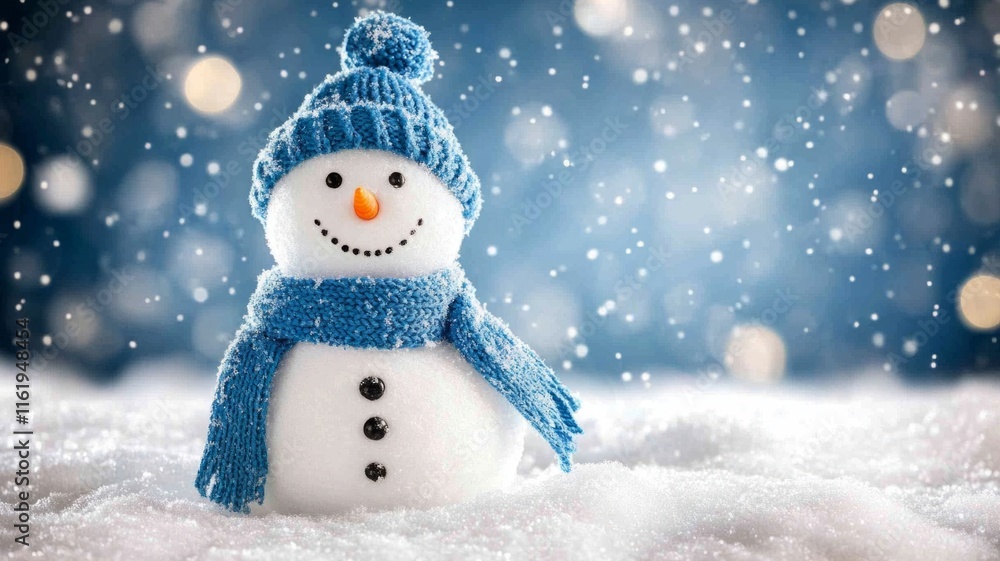 Obraz premium Adorable Snowman In Blue Winter Hat And Scarf
