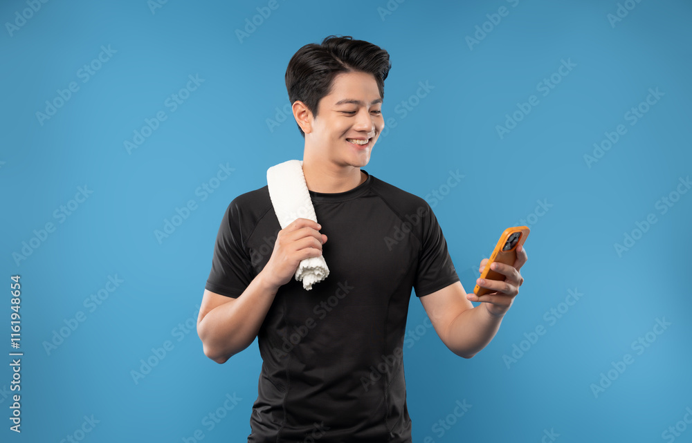 Portrait of young Asian man wearing gym clothes, using phone and posing on blue background Portrait of young Asian man wearing gym clothes, using phone and posing on blue background