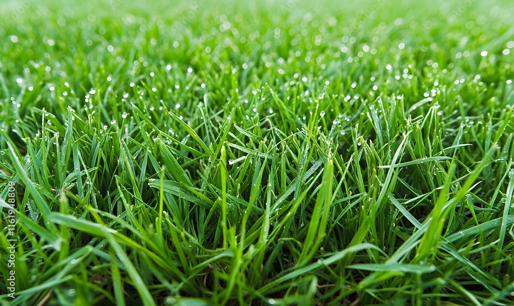 Close-up of dew-covered vibrant green grass. Close-up of dew-covered vibrant green grass.