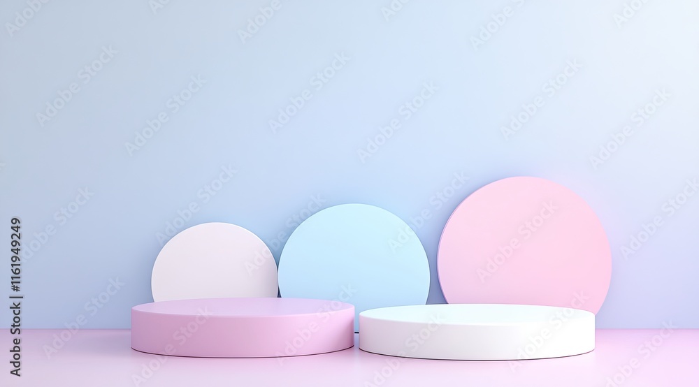 Fototapeta premium Pastel pink, blue, and white cylindrical display podiums against a light blue wall.