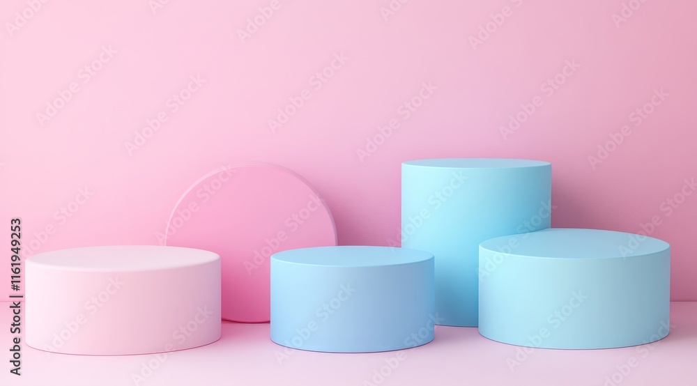 Pastel pink and blue cylinder podiums on pink background. Pastel pink and blue cylinder podiums on pink background.