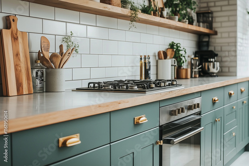 Wallpaper Mural 
This spacious kitchen features a contemporary design  and  wooden countertop bar and a deep farmhouse sink  Torontodigital.ca