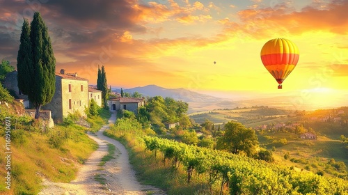 Tuscan Sunrise Hot Air Balloon Over Vineyard Landscape