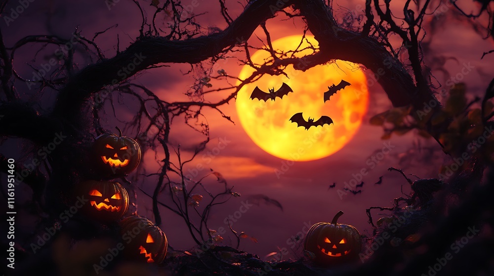Halloween Jackolanterns Bats Moonlit Night Scene Halloween Jackolanterns Bats Moonlit Night Scene