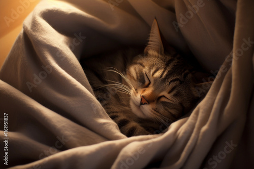 •	A relaxed tabby cat lying on its back with paws stretched upwards, peacefully sleeping in a cozy blanket nest. The light creates a warm and tranquil atmosphere, and the cat's fur looks soft and fluf photo