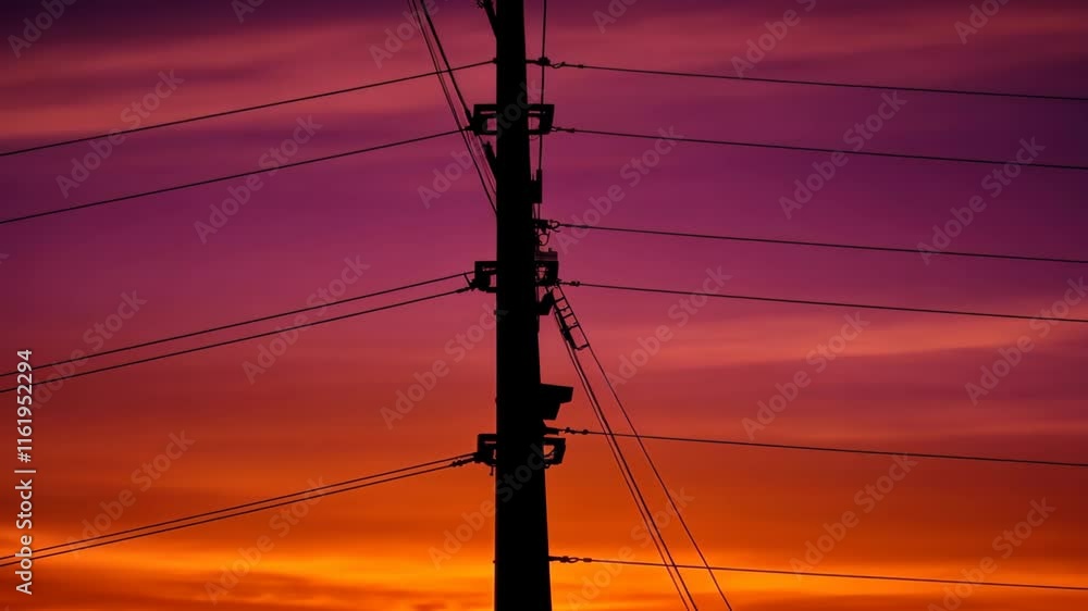 Power lines silhouetted against a vibrant sunset sky with striking colors and patterns Power lines silhouetted against a vibrant sunset sky with striking colors and patterns