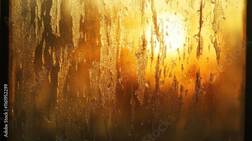 Golden Sunset Light Through Frost Covered Window Pane