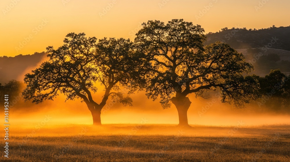 Fototapeta premium Golden Sunrise Illuminates Two Majestic Oaks In Misty Field