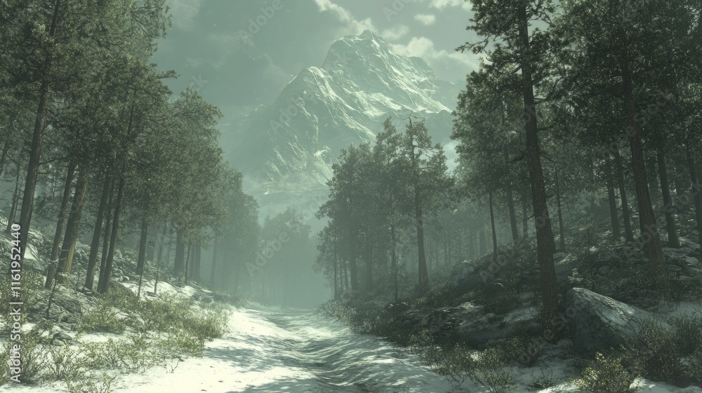 Naklejka premium Snowy Forest Path Leading to a Majestic Mountain