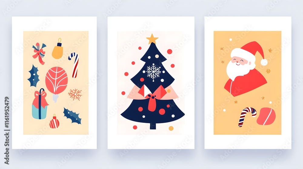 Fototapeta premium Festive Christmas Cards Featuring Holiday Icons and Santa