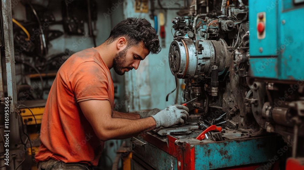 Heavy-Duty Factory, A factory worker repairs heavy-duty machinery in this image, showcasing industrial labor and mechanical expertise in a commercial setting. Heavy-Duty Factory, A factory worker repairs heavy-duty machinery in this image, showcasing industrial labor and mechanical expertise in a commercial setting.