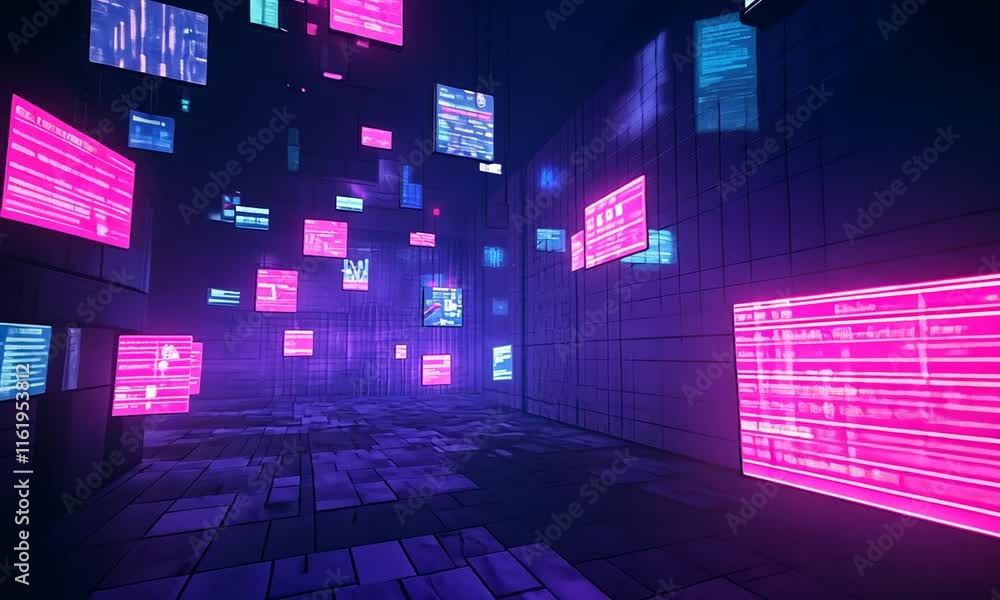 A futuristic digital environment with glowing panels and vibrant colors. A futuristic digital environment with glowing panels and vibrant colors.