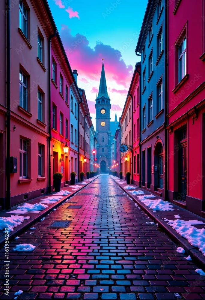 Fototapeta premium vaporwave cobblestone street, early thaw in old town setting, copy space on the left for creative use for printing on a T-shirt